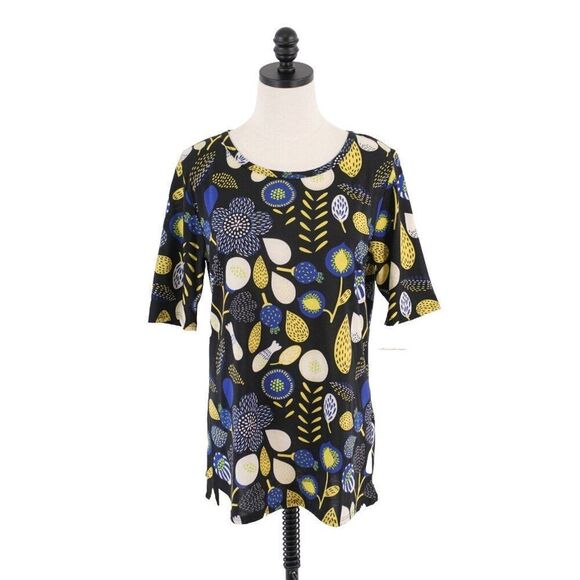 NEW LuLaRoe Gigi XL Black Yellow Blue Floral Blouse Top Short Sleeve Scroop Neck - Picture 1 of 9